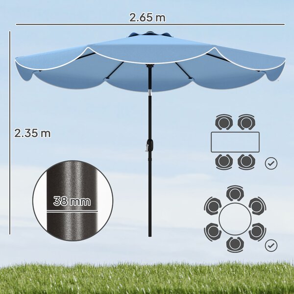 Outsunny Ombrellone da Terrazza Esterno Ø270 cm Ombrellone con Inclinazione Regolabile 3 Posizioni Manovella e Volant Celeste | Aosom Italy