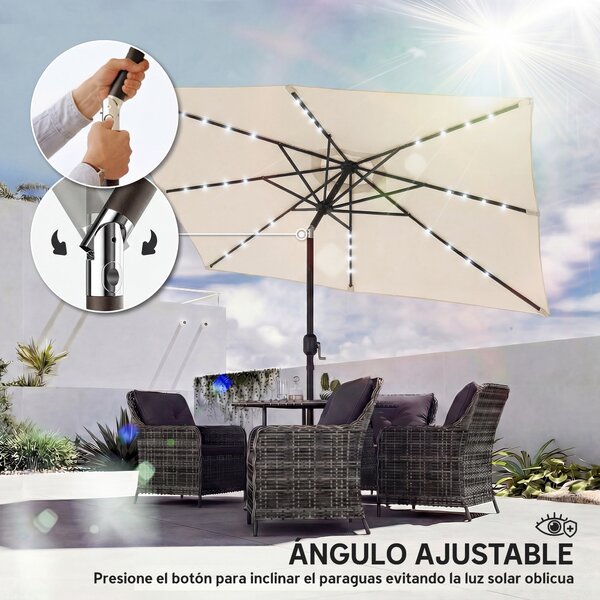 Outsunny Ombrellone da Giardino con 24 Luci LED Solari Telo Inclinabile Asta Metallica 2,9x2,5 m Crema | Aosom Italy