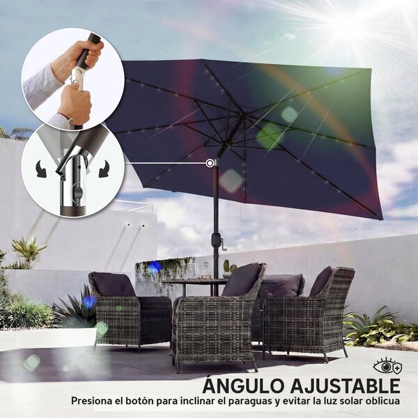 Outsunny Ombrellone da Giardino con 24 Luci LED Solari Telo Inclinabile Palo in Metallo 2,9x2,5 m Blu Scuro | Aosom Italy