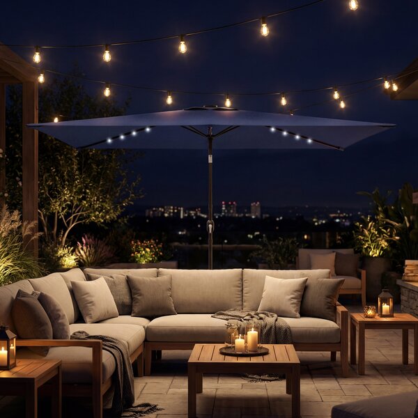 Outsunny Ombrellone da Giardino con 24 Luci LED Solari Telo Inclinabile Palo in Metallo 2,9x2,5 m Blu Scuro | Aosom Italy