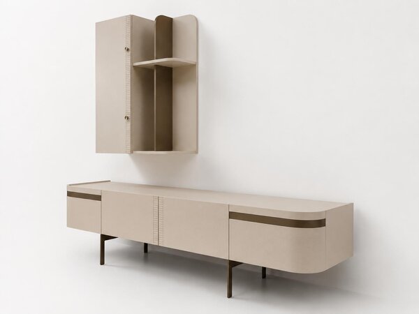 Set di mobili per soggiorno, parete attrezzata, elementi pensili, stile moderno, materiale: legno