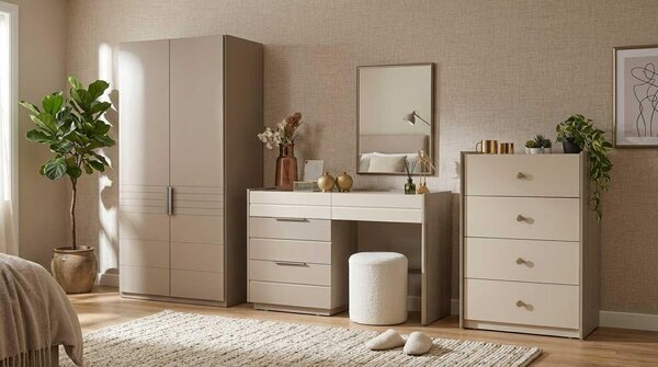 Set per camera da letto beige, moderno, composto da armadio, comò e tavolino da trucco