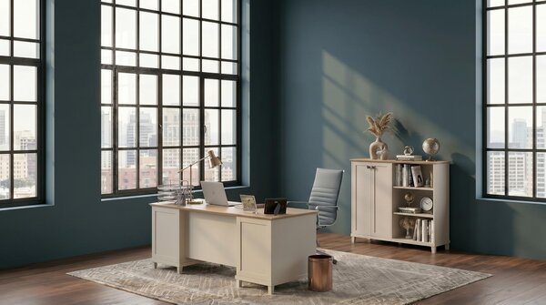 Set da ufficio beige: scrivania, armadio spazioso, ufficio