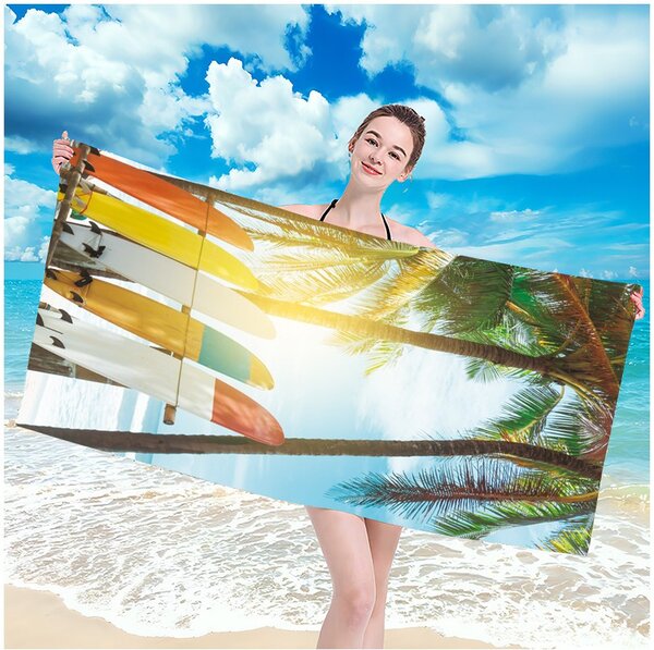Telo mare con motivo palme e tavola da surf, 100 x 180 cm