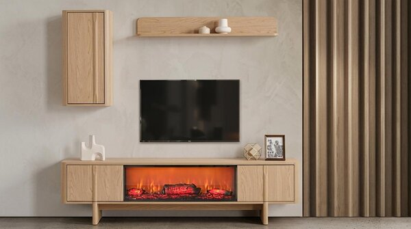 Mobile TV a parete, pensile, scaffale, stile moderno, beige, camino, soggiorno