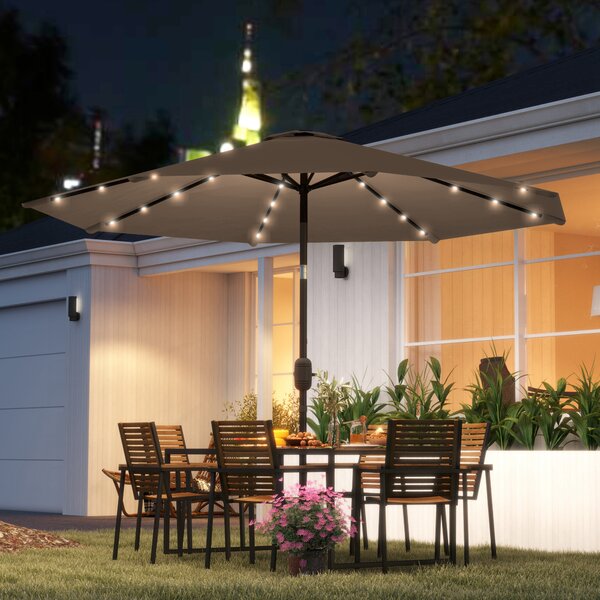 Outsunny Ombrellone da Giardino Ø265 cm con 32 Luci LED Solari Manovella e Asta in Acciaio per Patio Terrazza Kaki | Aosom Italy