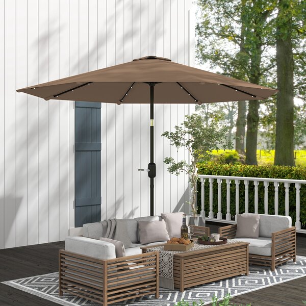 Outsunny Ombrellone da Giardino Ø265 cm con 32 Luci LED Solari Manovella e Asta in Acciaio per Patio Terrazza Kaki | Aosom Italy