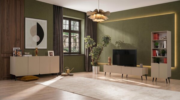 Set di mobili da soggiorno color beige: mobile TV, consolle elegante, libreria, angolo TV