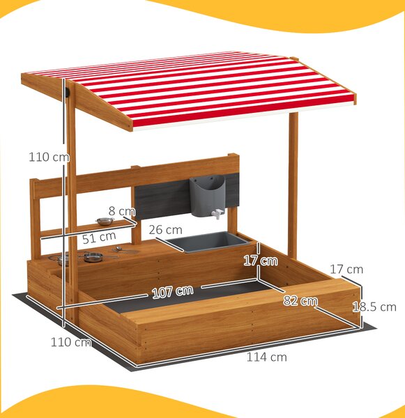 Outsunny Sabbiera in legno per bambini con tettuccio regolabile con giochi da cucina, gioco per bambini 3-7 anni 114x110x110 cm Marrone | Aosom Italy