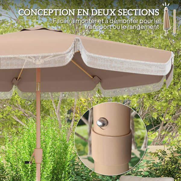Outsunny Ombrellone da giardino esterno 266 cm, ombrellone inclinabile, frange, manovella, 8 stecche, telo in poliestere 180 g/m², kaki | Aosom Italy