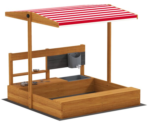 Outsunny Sabbiera in legno per bambini con tettuccio regolabile con giochi da cucina, gioco per bambini 3-7 anni 114x110x110 cm Marrone | Aosom Italy