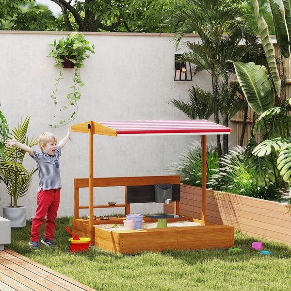 Outsunny Sabbiera in legno per bambini con tettuccio regolabile con giochi da cucina, gioco per bambini 3-7 anni 114x110x110 cm Marrone | Aosom Italy
