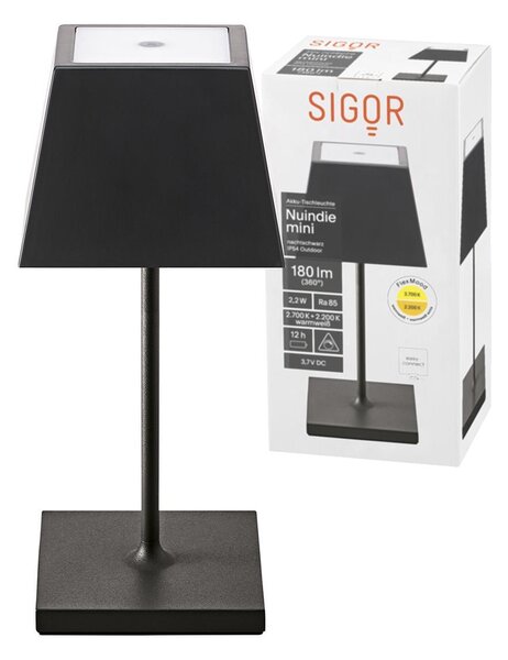 Sigor Nuindie Mini lampada da tavolo ricaricabile IP54 alluminio Easy Connect nero angolare