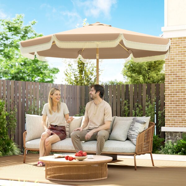 Outsunny Ombrellone da giardino esterno 266 cm, ombrellone inclinabile, frange, manovella, 8 stecche, telo in poliestere 180 g/m², kaki | Aosom Italy