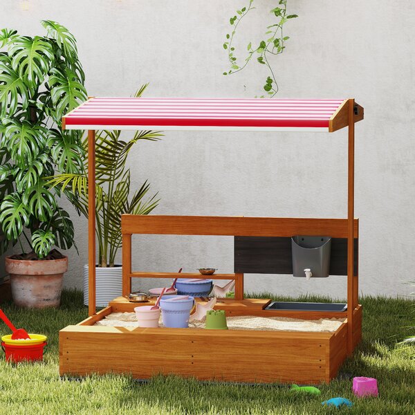 Outsunny Sabbiera in legno per bambini con tettuccio regolabile con giochi da cucina, gioco per bambini 3-7 anni 114x110x110 cm Marrone | Aosom Italy