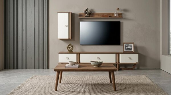 Mobile TV a parete, pensile, ripiano, stile moderno, colore marrone, forma rettangolare, comodo