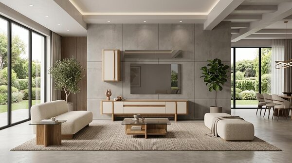Libreria per soggiorno, stile moderno, colori beige e marrone, mobile contenitore