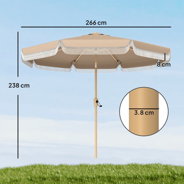 Outsunny Ombrellone da giardino esterno 266 cm, ombrellone inclinabile, frange, manovella, 8 stecche, telo in poliestere 180 g/m², kaki | Aosom Italy