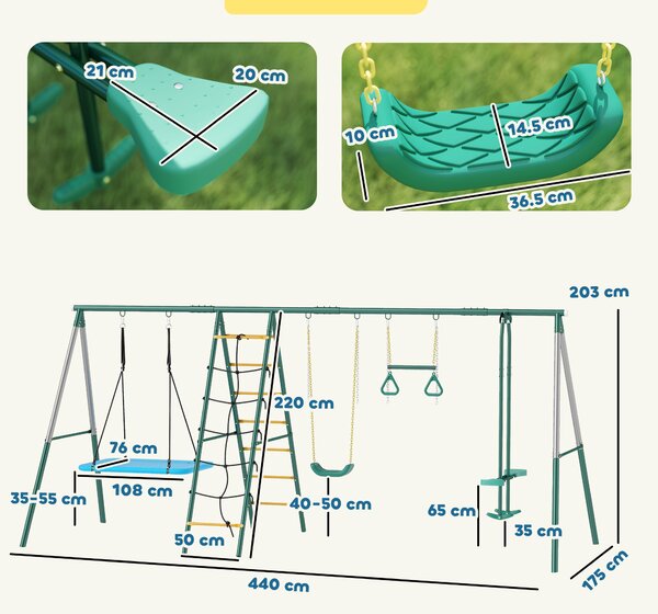 AIYAPLAY Telaio altalena 5-in-1 con altalena nido regolabile anelli ginnici doppio sedile struttura da arrampicata per 3-8 anni 440x175x203 cm | Aosom Italy