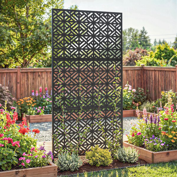 Outsunny Pannello frangivista decorativo da esterno Claustra decorativo giardino 3 pannelli a motivo geometrico metallo 92x40x192cm Nero | Aosom Italy