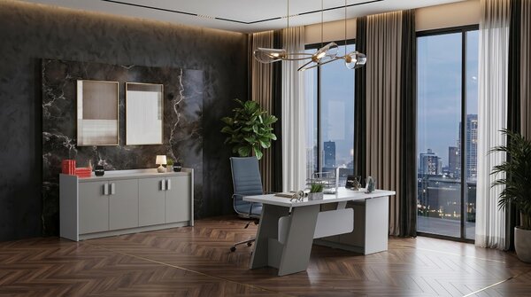 Set da ufficio grigio: scrivania, armadio, mobili di design, moderna postazione di lavoro