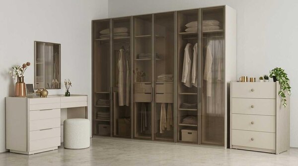 Set per camera da letto beige, moderno, composto da armadio, comò e tavolino da trucco