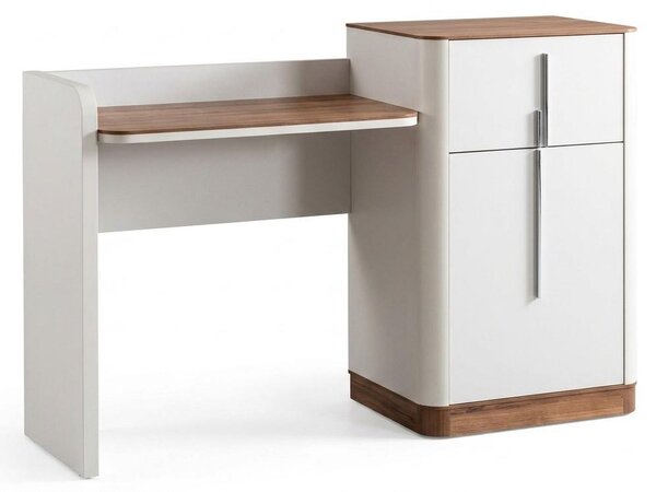 Comò moderno bianco in legno e metallo, grande tavolino da trucco con contenitore