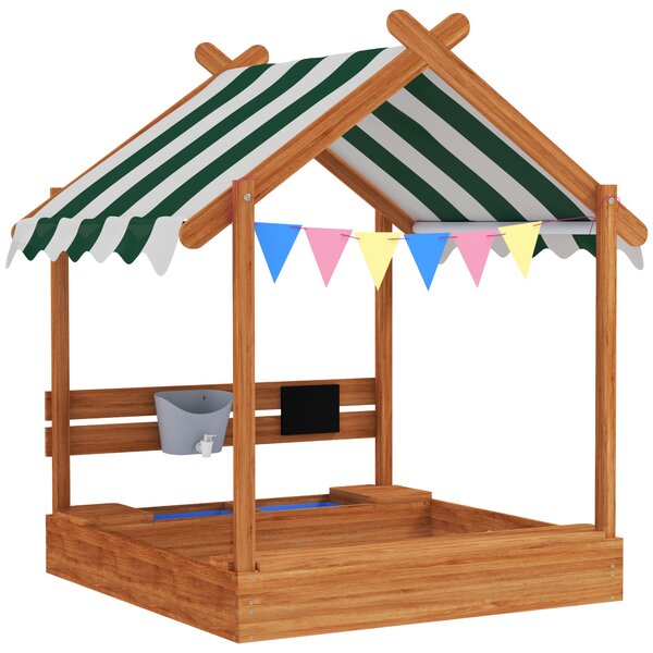 Outsunny Sabbiera per Bambini con Tenda 6 Bandierine 2 Vaschette Rubinetto e Lavagna a Casetta per Patio 124x116x146 cm Arancione | Aosom Italy