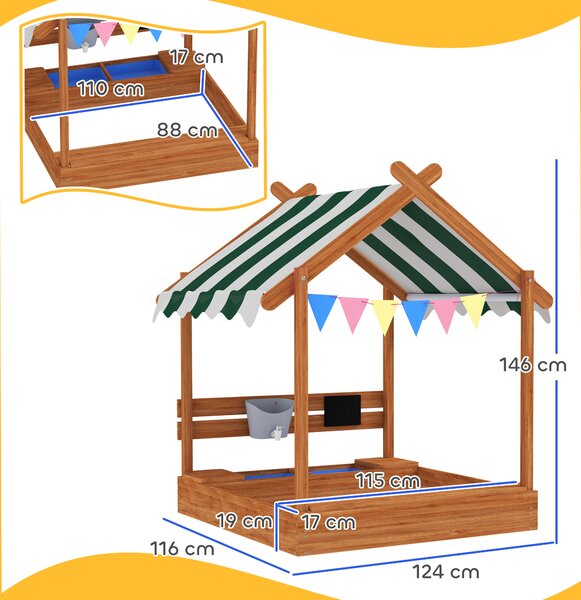 Outsunny Sabbiera per Bambini con Tenda 6 Bandierine 2 Vaschette Rubinetto e Lavagna a Casetta per Patio 124x116x146 cm Arancione | Aosom Italy