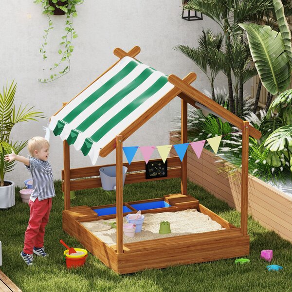 Outsunny Sabbiera per Bambini con Tenda 6 Bandierine 2 Vaschette Rubinetto e Lavagna a Casetta per Patio 124x116x146 cm Arancione | Aosom Italy