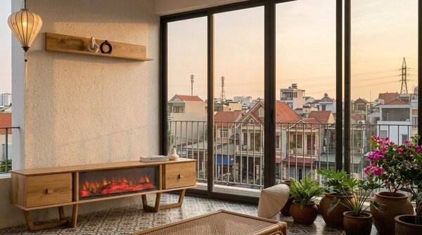 Mobile parete, armadio, credenza, soggiorno, stile moderno, colore marrone, pratico, decorazioni, camino