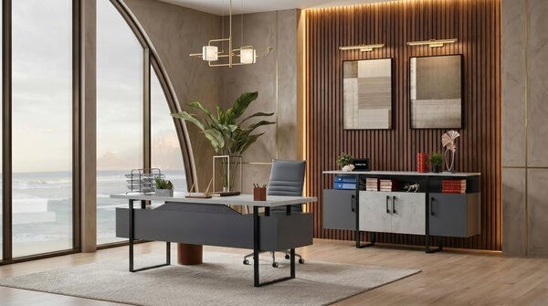 Set da ufficio bianco-grigio, composto da scrivania con cassetti e mobile contenitore, dal design moderno