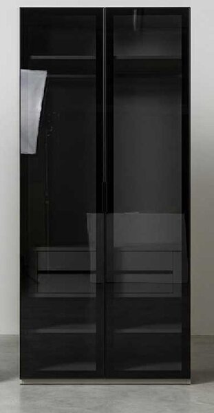 Armadio nero, design moderno, elegante, con ante in vetro, parete attrezzata