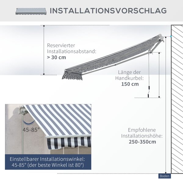 Outsunny Tenda da sole a bracci articolati Protezione solare Manovella Balcone Alluminio Grigio Bianco 2,95 x 2,45 m | Aosom Italy