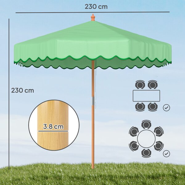 Outsunny Ombrellone da Giardino Rotondo con Volant Stile Retrò Chic Effetto Legno Protezione Solare UV 230 cm Verde Chiaro | Aosom Italy