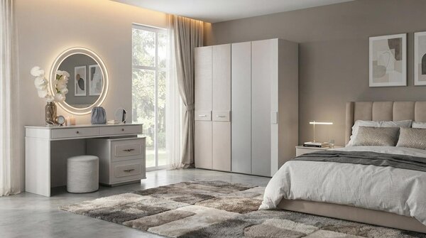 Armadio, specchiera, sgabello, grigio, moderno, lussuoso, tavolino da trucco