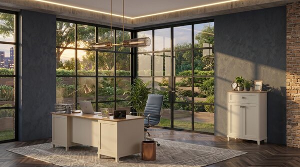 Set da ufficio beige, scrivania moderna, armadio, ambiente di lavoro lussuoso