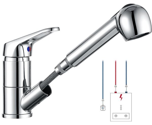 Schläfer - Miscelatore Lavello Cucina con Doccia Estraibile Bassa Pressione 5008014 per Boiler, Rubinetto in Ottone Serie Como Bocca Bassa Girevole 360° Professionale Cromo, adatto a Camper e Roulotte