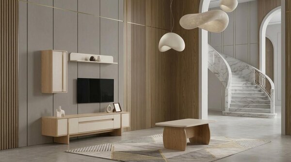 Mobile TV a muro, pensile, ripiano, stile moderno, beige, rettangolare, pratico