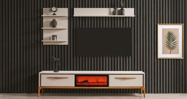 Mobile TV a parete, pensile, ripiano, stile moderno, beige, camino
