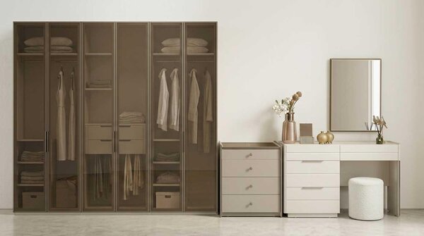 Set per camera da letto beige, moderno, composto da armadio, comò e tavolino da trucco