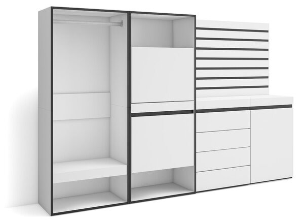 Armadio per scarpe, dimensioni 227x145x35 cm, con 2 ante a battente, 2 vani aperti, realizzato in melaminico, colore bianco