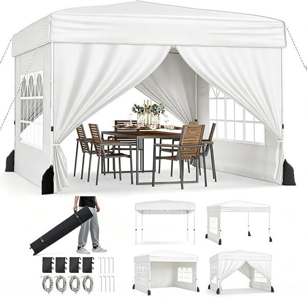 Padiglione pop-up da 3x3 metri, impermeabile, con 4 pareti laterali e 4 sacchi di sabbia. Gazebo da giardino regolabile in altezza (3 posizioni), con borsa a rotelle, ideale per spiaggia, matrimoni e campeggio, colore bianco