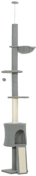 PawHut Albero per Gatti da Pavimento a Soffitto Altezza Regolabile 220-240cm con Amaca Piattaforme a Fiore Tana Rampa Pallina Grigio Chiaro | Aosom Italy