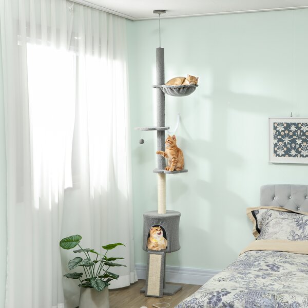 PawHut Albero per Gatti da Pavimento a Soffitto Altezza Regolabile 220-240cm con Amaca Piattaforme a Fiore Tana Rampa Pallina Grigio Chiaro | Aosom Italy