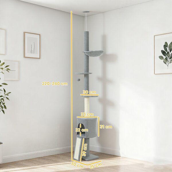 PawHut Albero per Gatti da Pavimento a Soffitto Altezza Regolabile 220-240cm con Amaca Piattaforme a Fiore Tana Rampa Pallina Grigio Chiaro | Aosom Italy