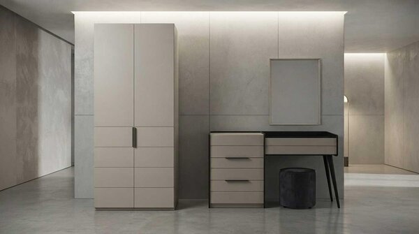 Armadio, tavolino da trucco, beige, moderno, elegante, specchio, sgabello