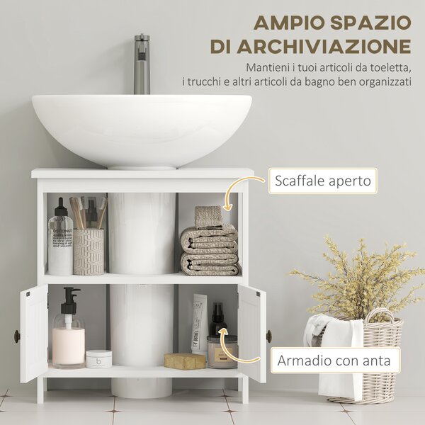 Kleankin Mobile Sottolavabo con Ripiano e Armadietto, Intaglio e U e 2 Ante, 60x30x60 cm, Bianco | Aosom Italy