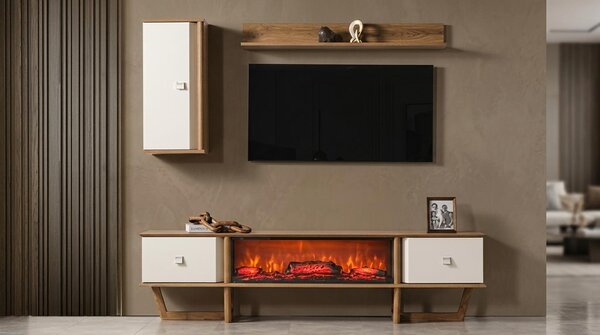 Mobile TV a parete, pensile, ripiano, stile moderno, colore marrone, camino