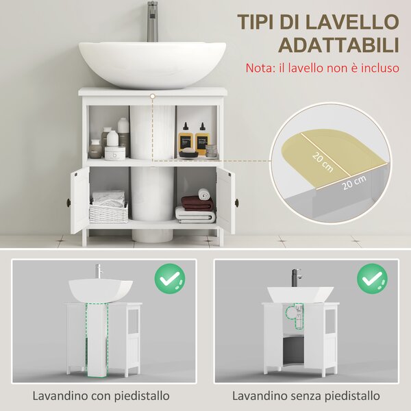 Kleankin Mobile Sottolavabo con Ripiano e Armadietto, Intaglio e U e 2 Ante, 60x30x60 cm, Bianco | Aosom Italy